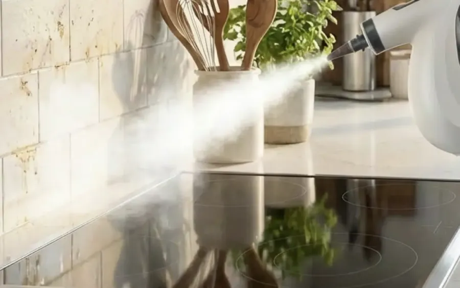 סילון קיטור מ-Qinux Vapoxis מנקה חיפוי ומשטח עבודה במטבח